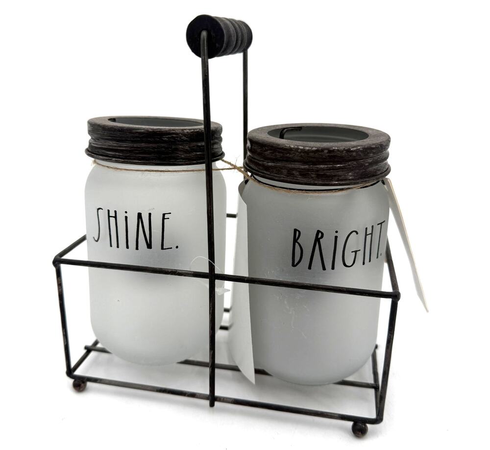 Rae Dunn Shine Bright Frosted Mason Jars in Carrying Caddy NWT